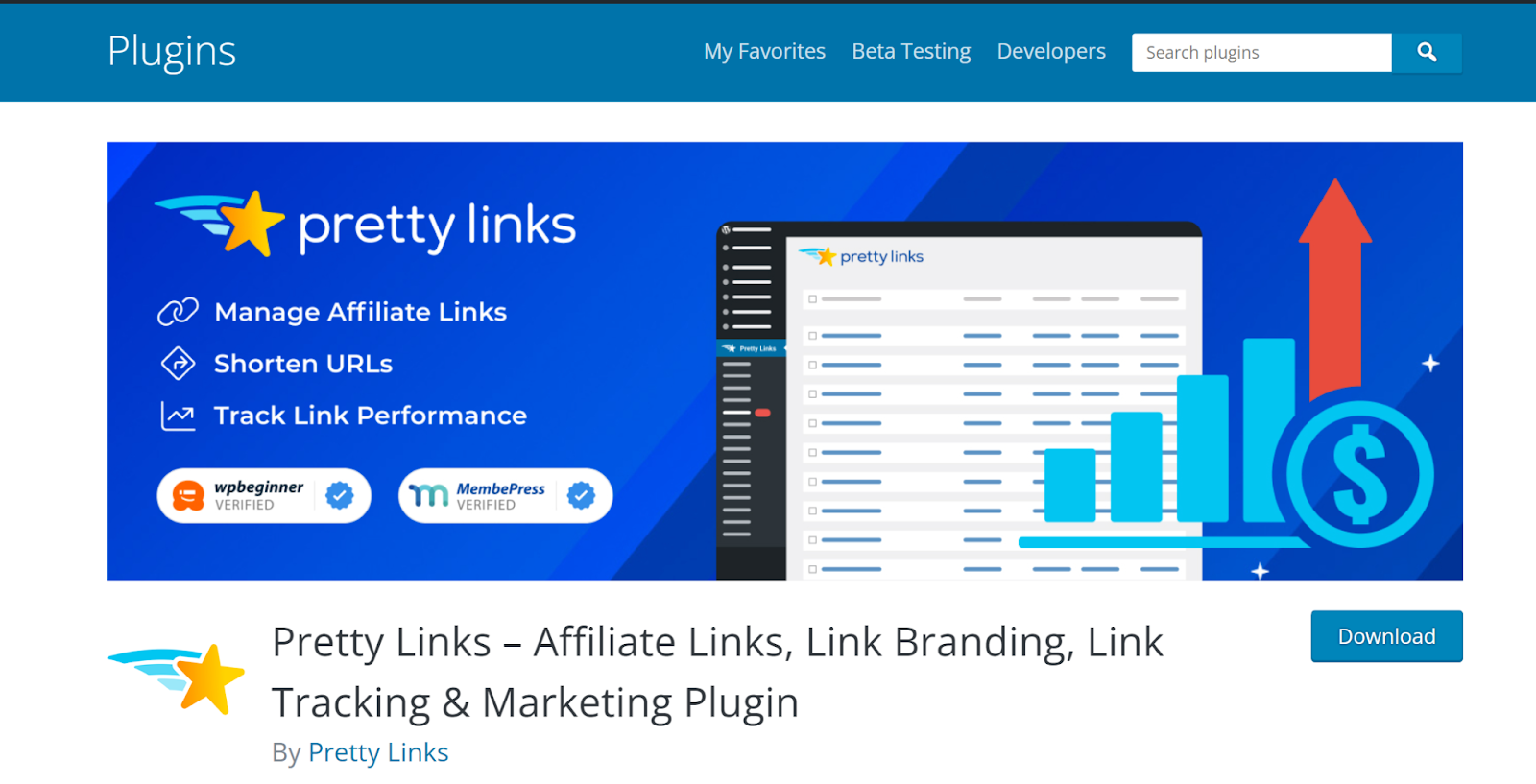 A screenshot featuring a Pretty Links Plugin 