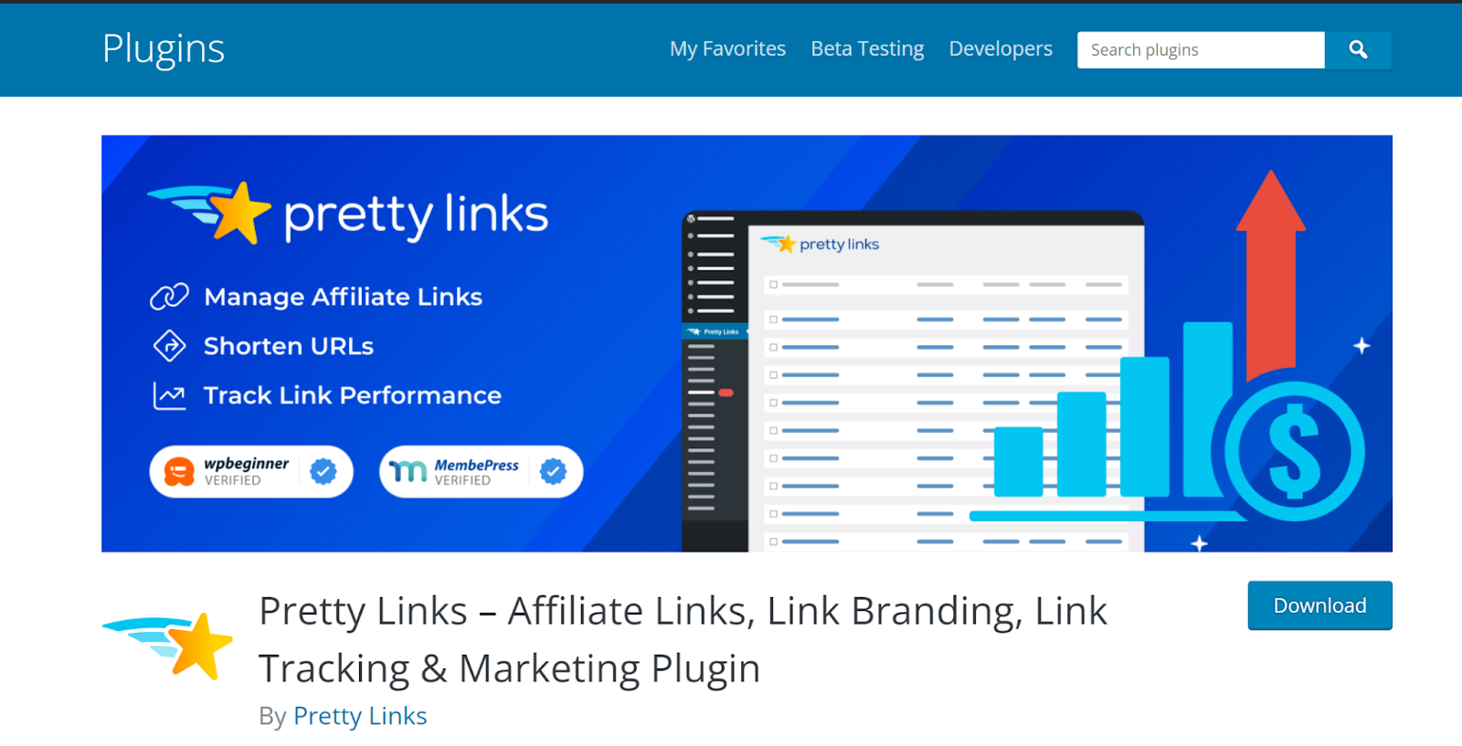 A screenshot featuring a Pretty Links Plugin