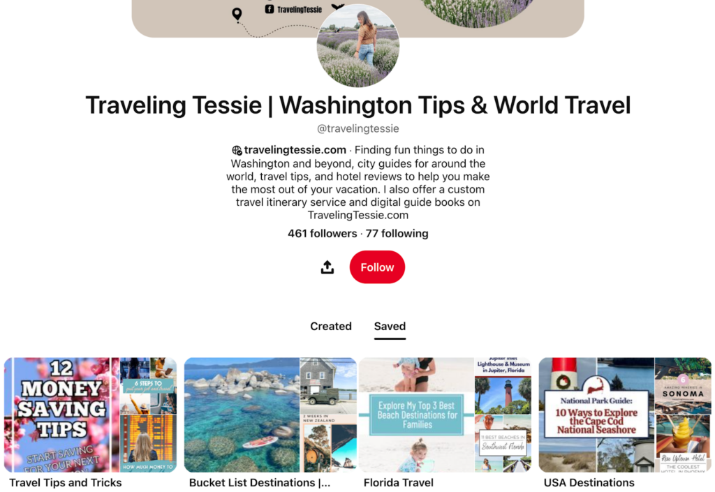 Screenshot of the TravelingTessie.com Pinterest page featuring a collages of travel destination images, travel tips, and blog post previews