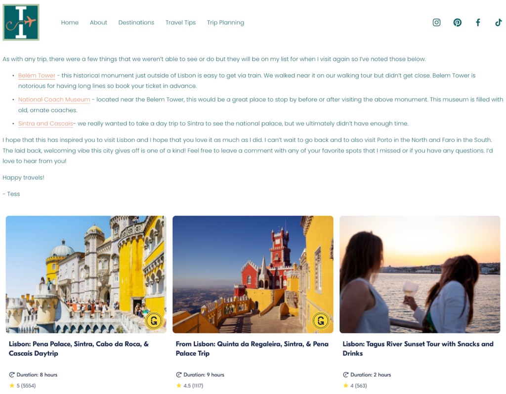 Screenshot of a page from the Travelingtessie.com website featuring a combination of partner links and widget.