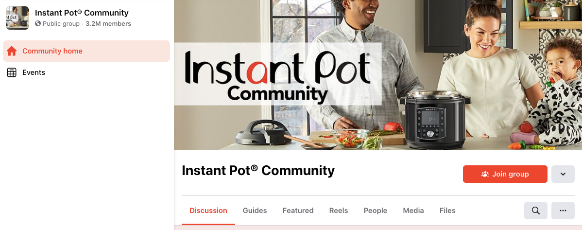 A screenshot of the Instant Pot Community on Facebook featuring a man, woman, and baby in the kitchen cooking a meal with an Instant Pot.