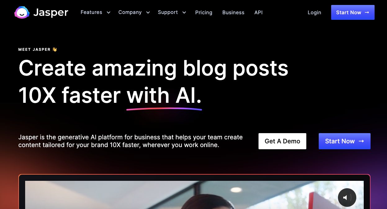 A screenshot of the Jasper AI website homepage, with a banner that reads “Create amazing blog posts 10x faster with AI.”