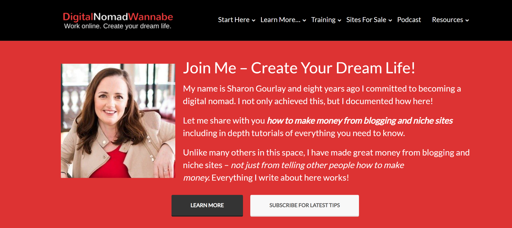 A screenshot featuring the homepage of Digital Nomad Wannabe