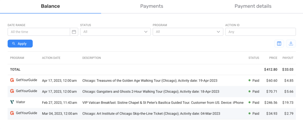 Travelpayouts Affiliate Program Stats for GetYourGuide and Big Bus Tour Screenshot of the Travelpayouts affiliate program stats for GetYourGuide and Big Bus Tour