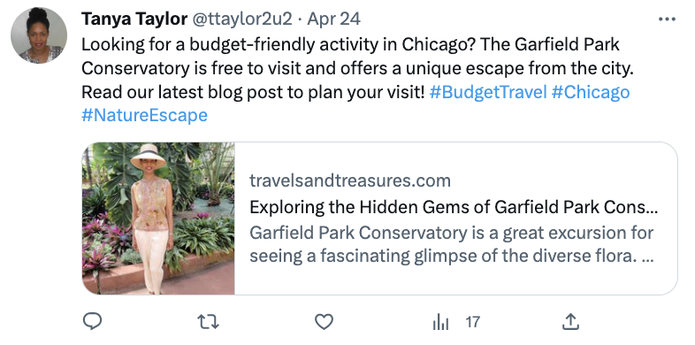 Screenshot of the Tanya Taylor's Twitter with a call to action written by an AI service “Read our latest blog post to plan your visit”
