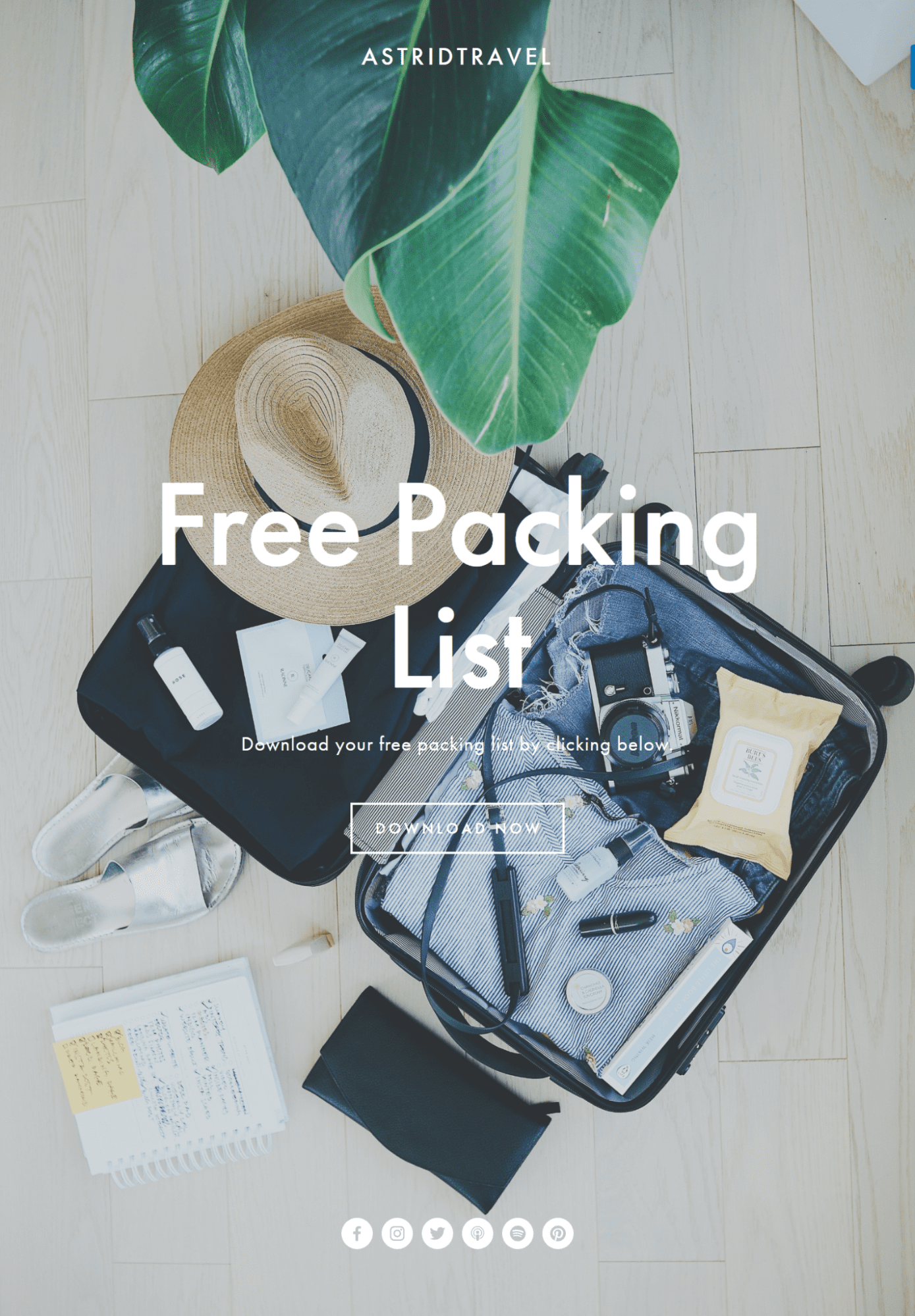 A screenshot featuring a landing page with a free packing list on the astridtravel.com website.