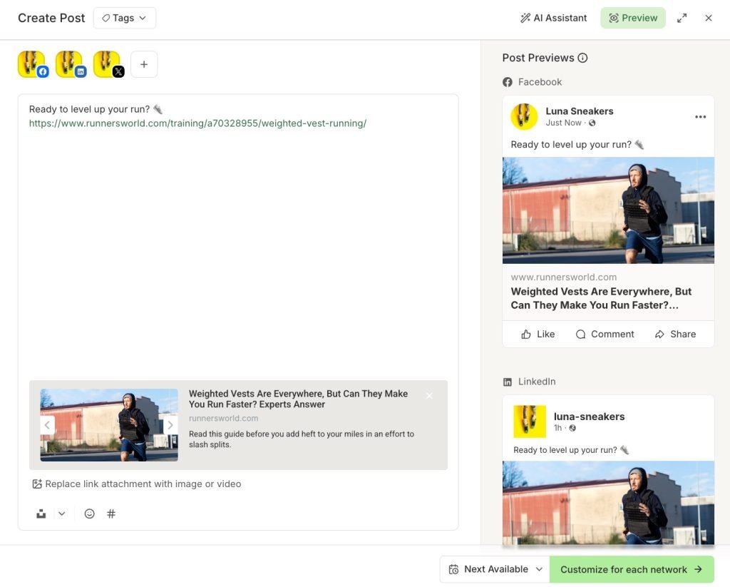 Buffer interface showing a post editor for a post scheduled for LinkedIn, Facebook, and X, with previews for each platform on the right 