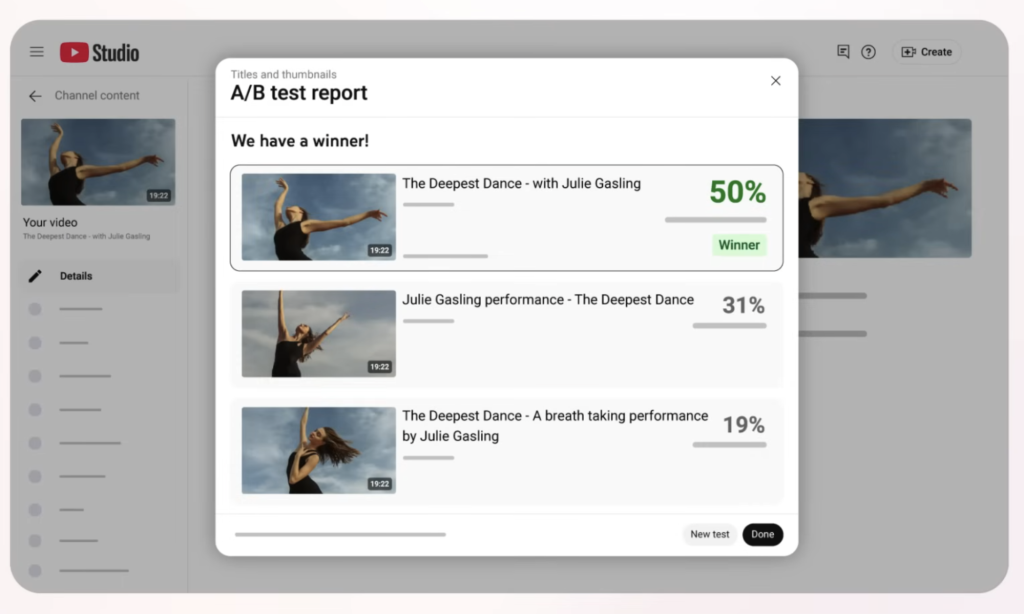 Winners of a YouTube A/B test in a report