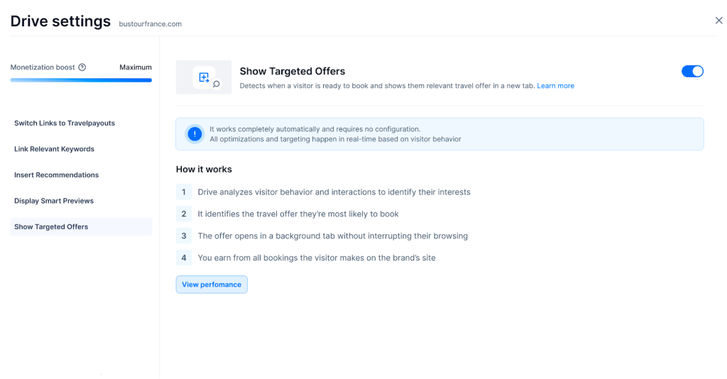 A Drive settings page explaining how the Targeted Offers work and showing that this feature has been turned on