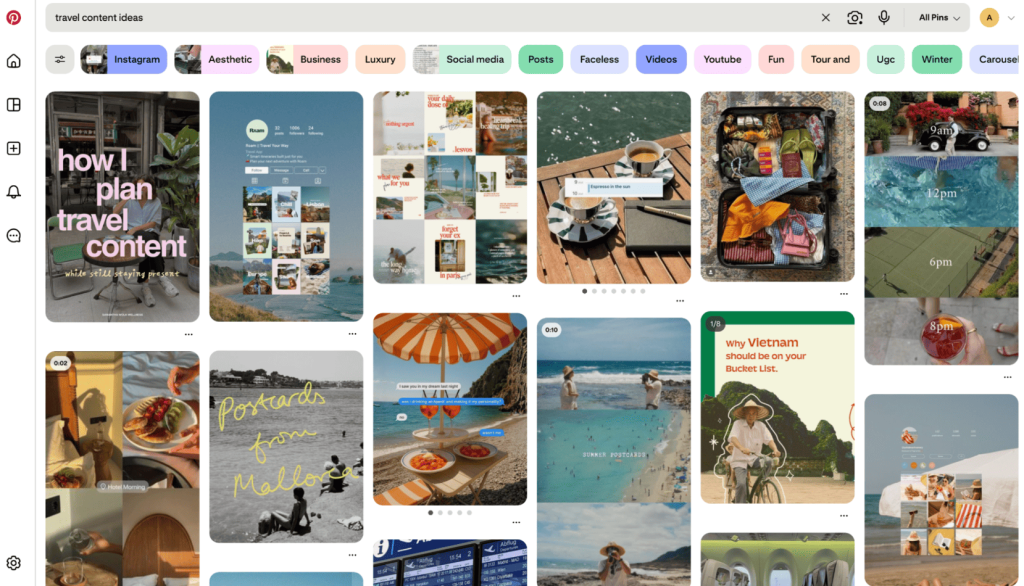 Pinterest page showing search results for the query “travel content ideas”