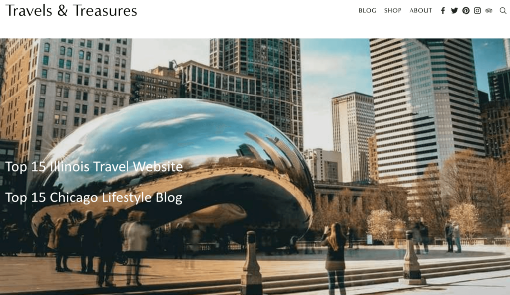 An image of the Travel & Treasure website homepage featuring a photo of the Bean in Chicago, USA
