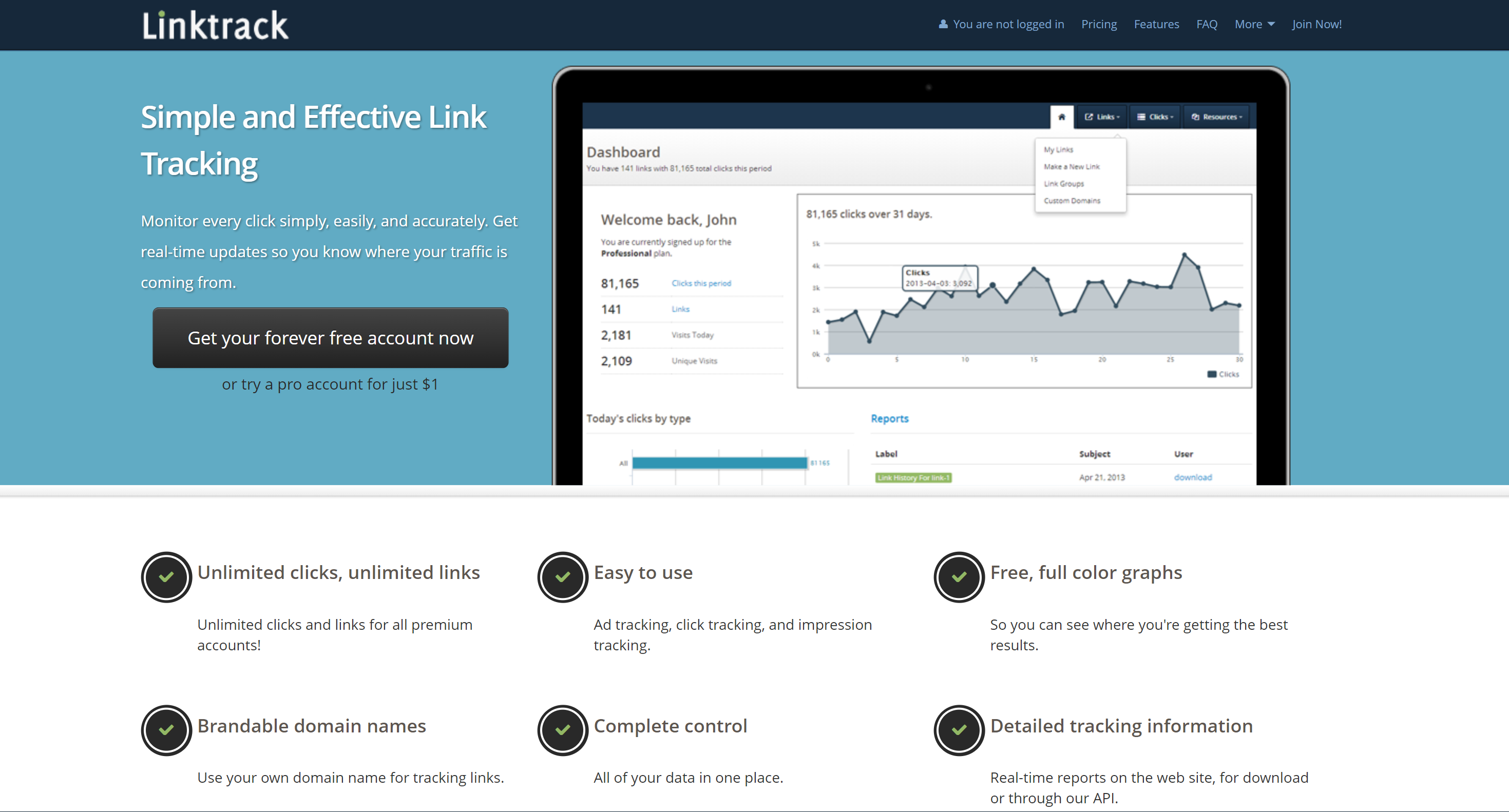 A screenshot featuring LInktrack homepage