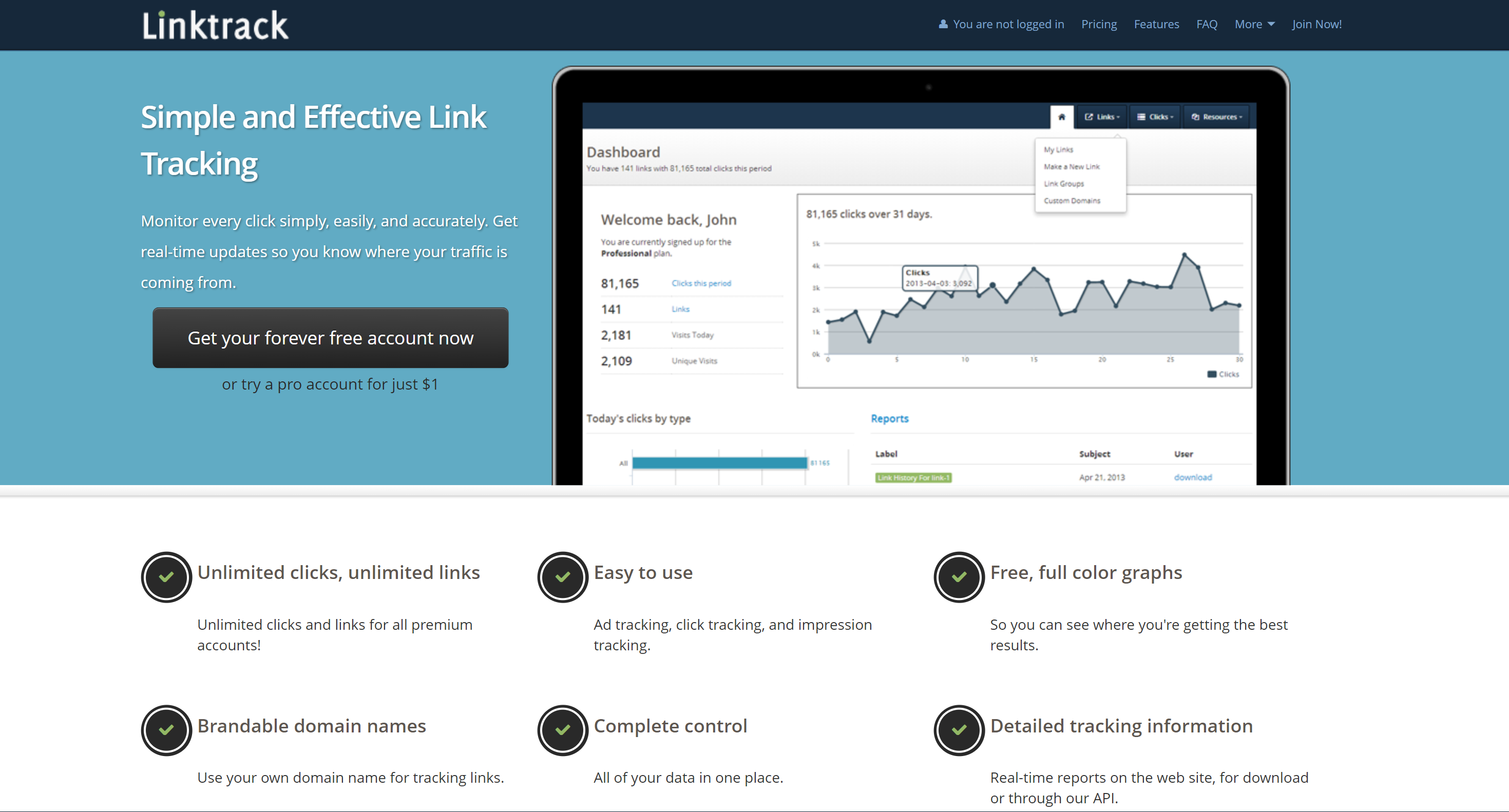 A screenshot featuring LInktrack homepage 