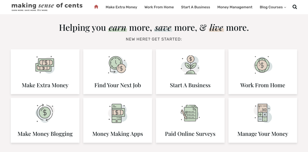 Making Sense Of Cents blog homepage with the headline “Helping you earn more, save more, & live more.”