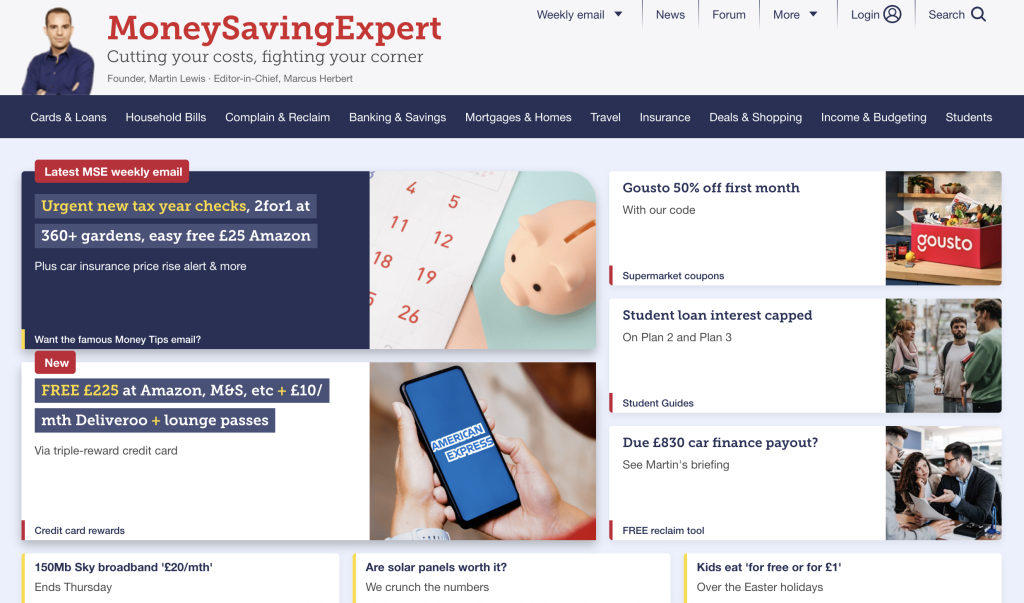 MoneySavingExpert homepage with the subheading “Cutting your costs, fighting your corner”