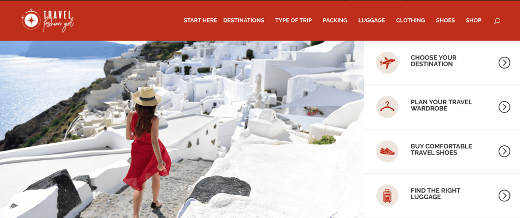 Travel Fashion Girl blog homepage with options to choose a destination, plan a travel wardrobe, and buy travel shoes