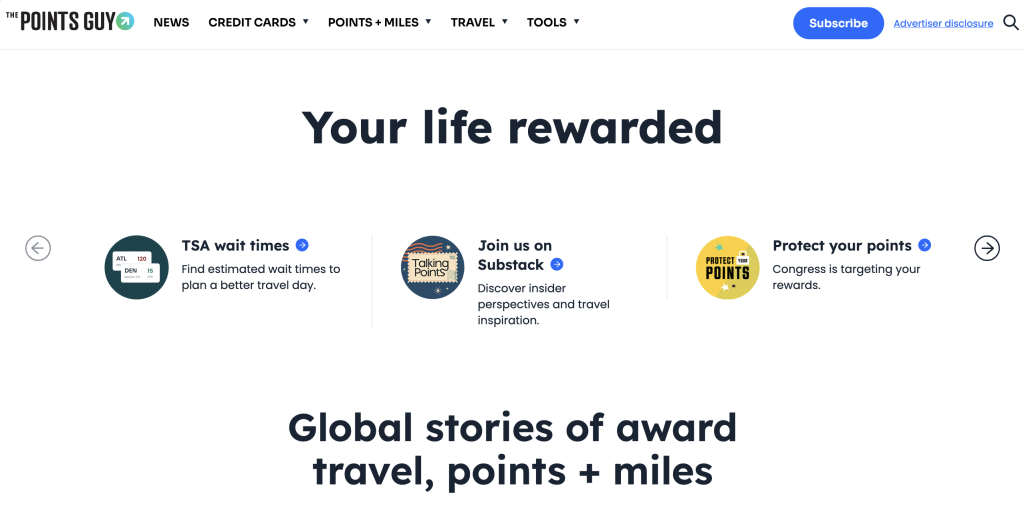 The Points Guy homepage with the headline “Your life rewarded”