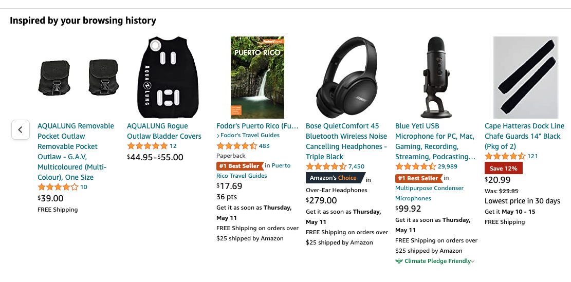 The image displays a screenshot from Amazon’s website with recommendations for the author based on his browsing history. These include scuba diving items, travel books, headphones, and microphones - all highly relevant items based on the author’s interests.