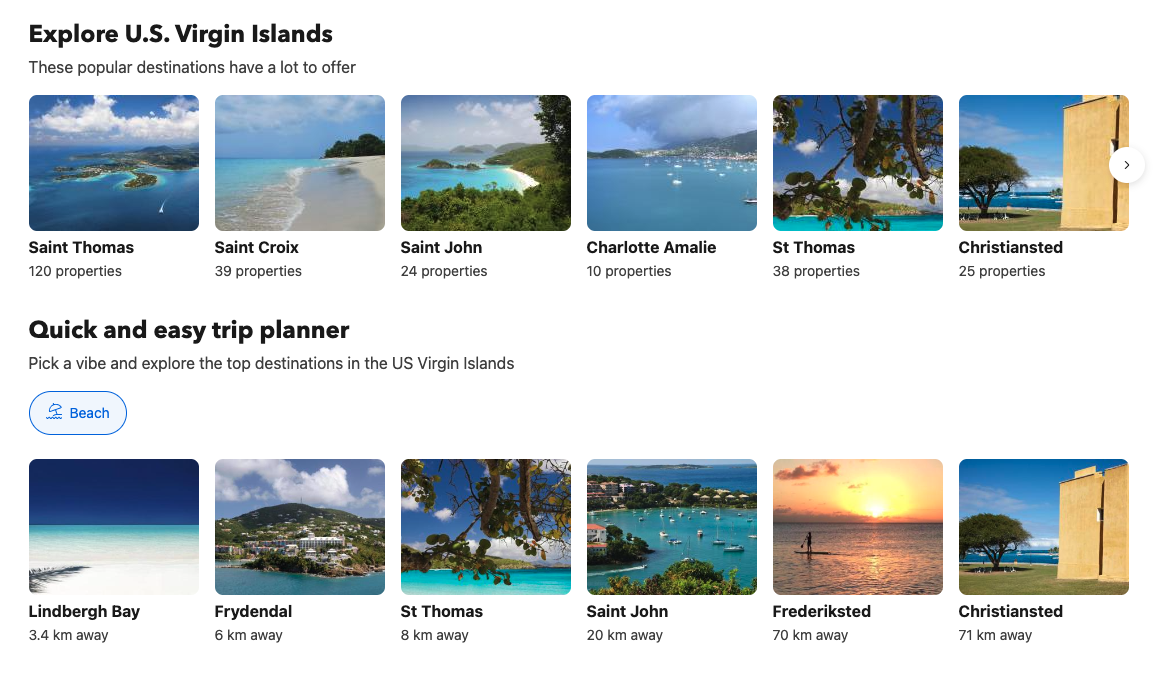 The image displays a list of recommended destinations plus a trip planner based on user data on Booking.com. The recommendations consist of islands in the US Virgin Islands, which the author of this article writes about elsewhere. 
