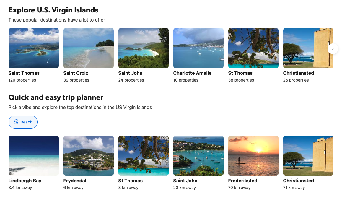 The image displays a list of recommended destinations plus a trip planner based on user data on Booking.com. The recommendations consist of islands in the US Virgin Islands, which the author of this article writes about elsewhere.