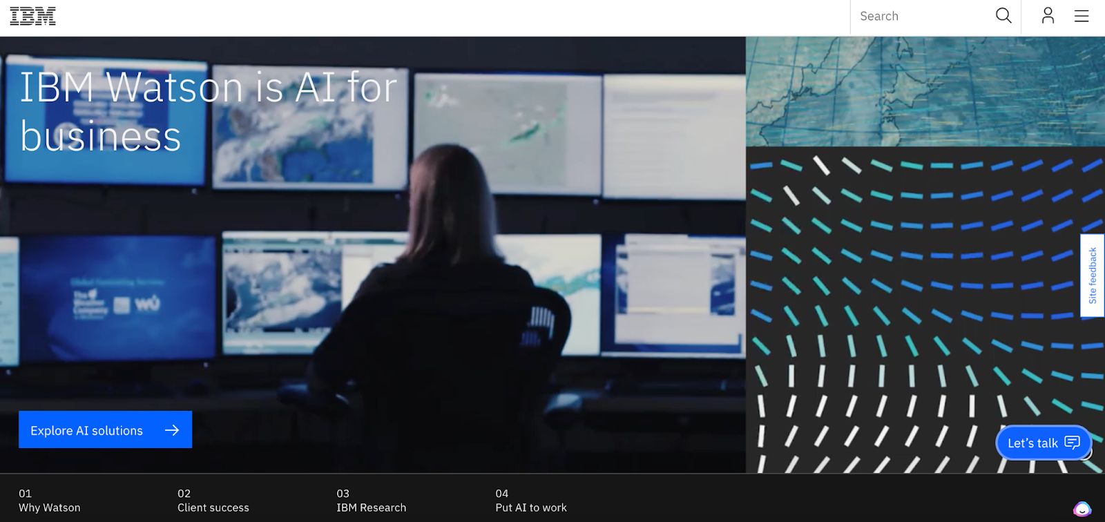 The image displays the homepage of IBM Watson with a video of a woman looking at a wall of computer screens.
