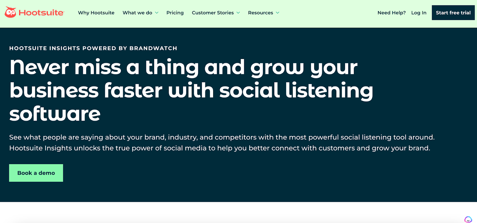 The image displays the main webpage for Hootsuite Insights stating, “Never miss a thing and grow your business faster with social listening software.” The website gives users the option to book a demo.
