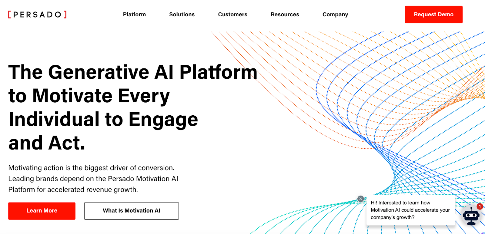 The image displays the main webpage for Persado, stating, “The generative AI platform to motivate every individual to engage and act.” With buttons to sign-up, request a demo, or learn more information.
