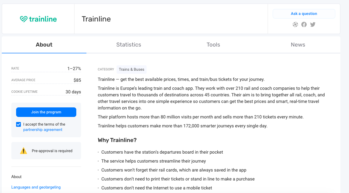 A screenshot of the information and requirements for the Trainline affiliate programs on Travelpayouts.