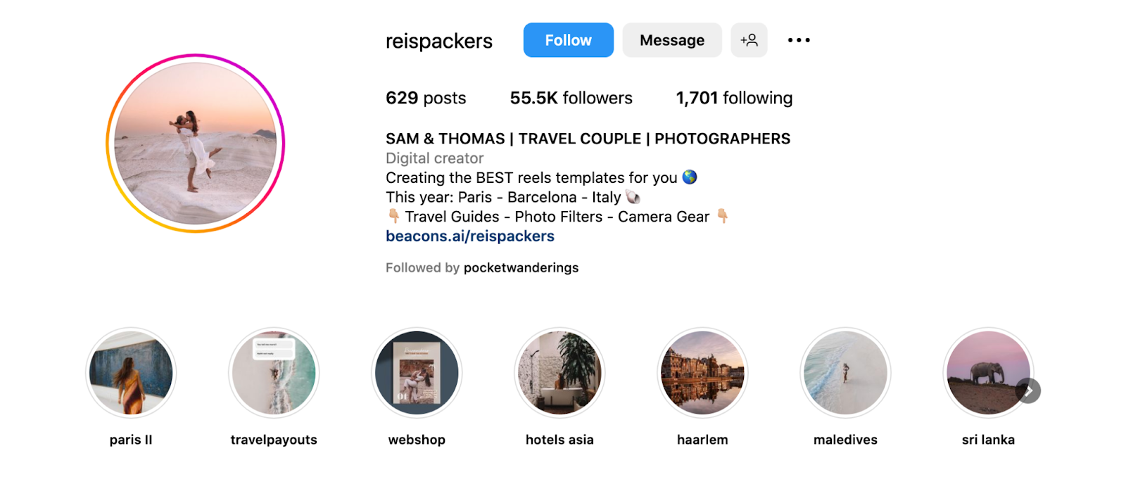 a screenshot featuring the bio link on Reispackers Instagram Account
