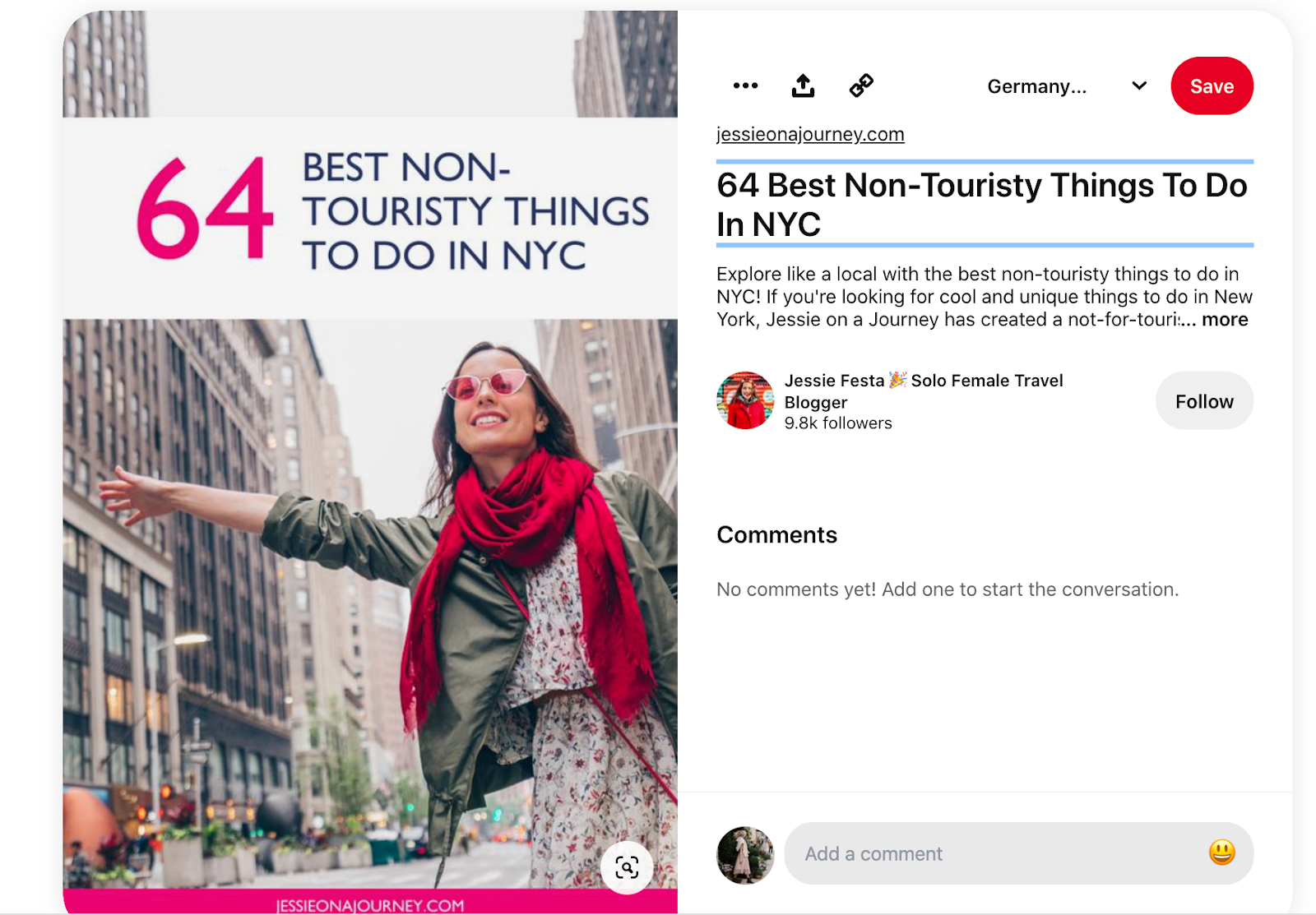 A screenshot of a pin featuring a photo of a girl catching a cab in New York