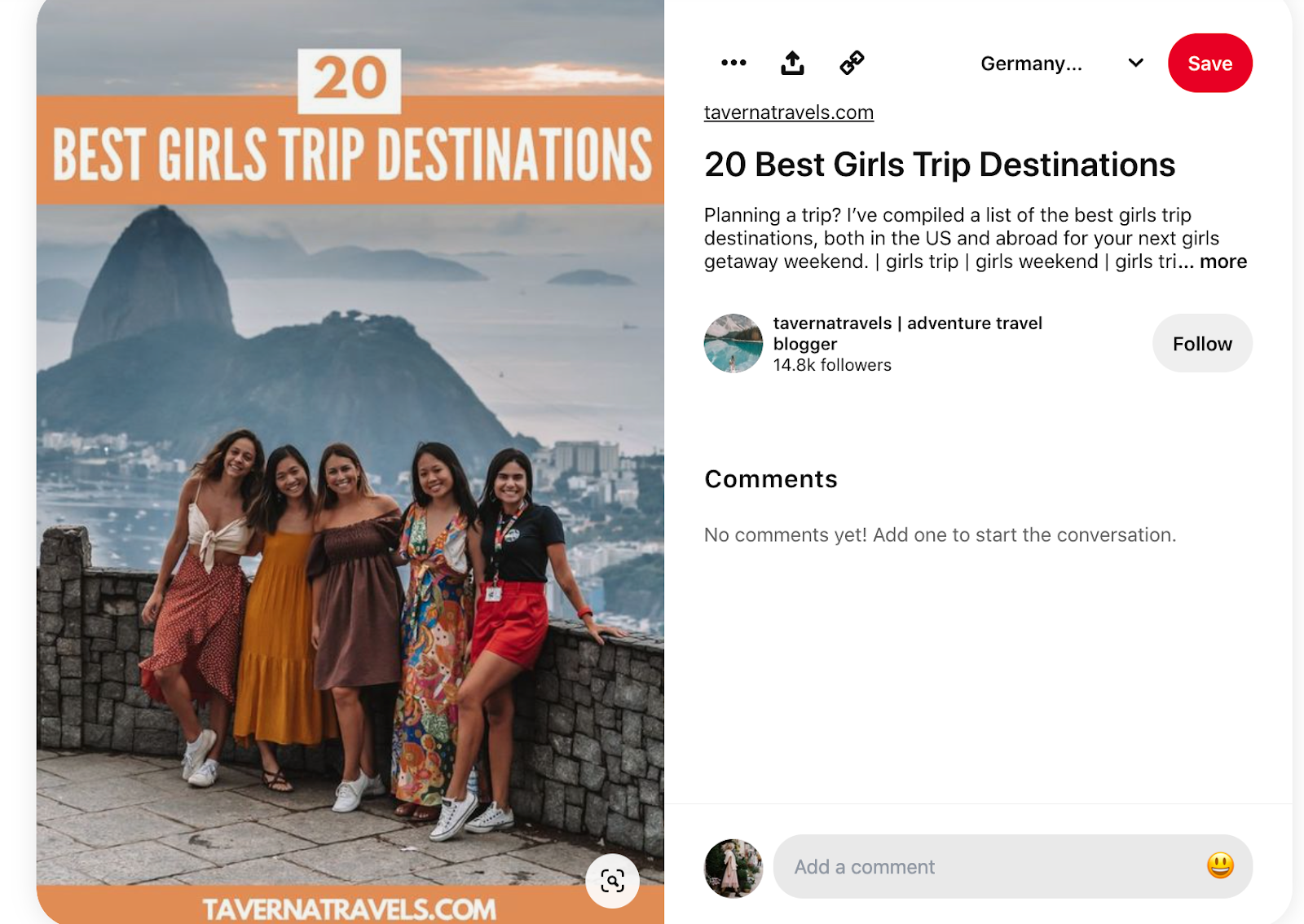 A screenshot of a pin featuring a photo of girls in Rio de Janeiro