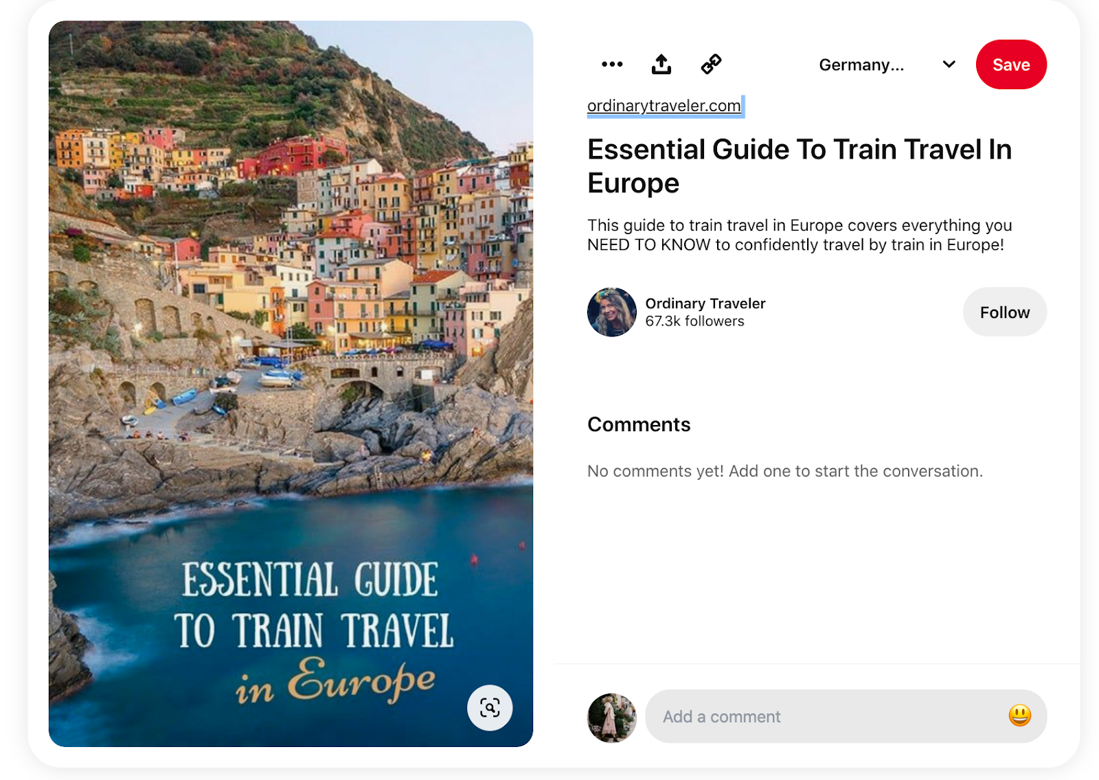 A screenshot of a pin featuring a photo of a colorful seaside town in Italy