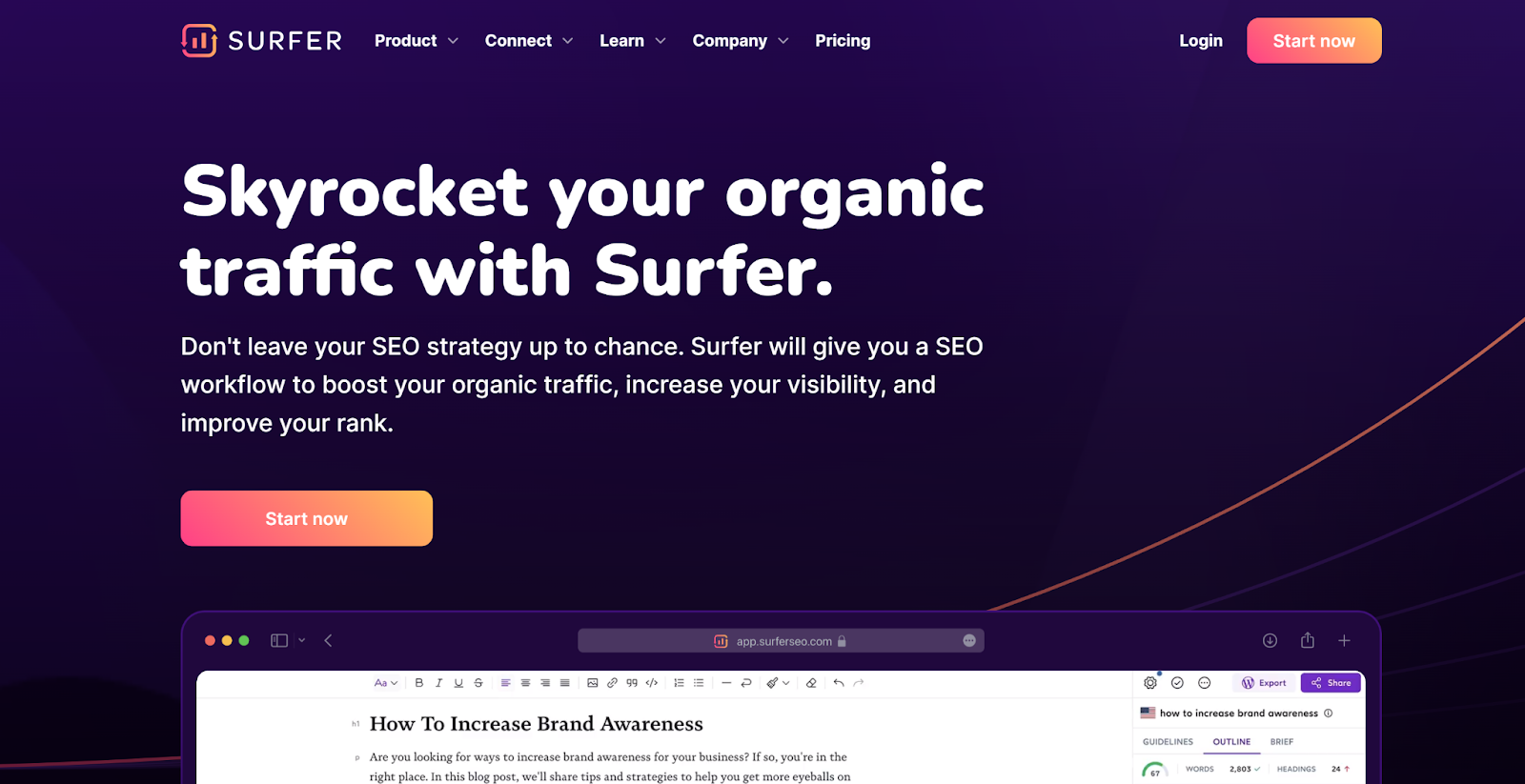 A screenshot featuring Surfer SEO homepage