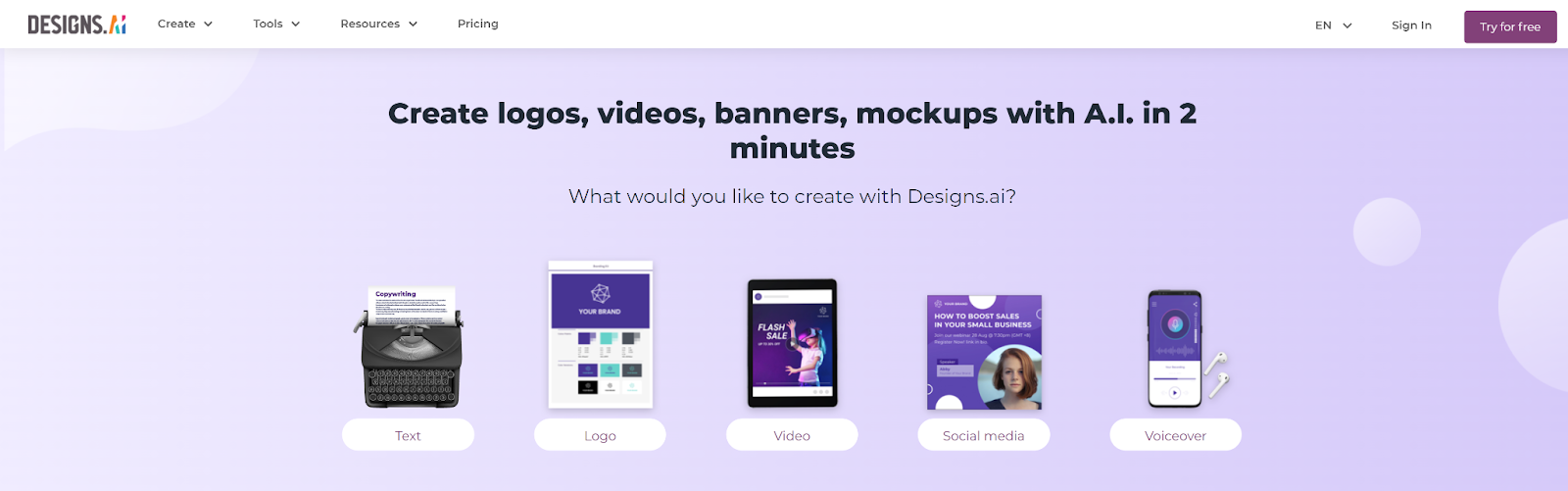 A screenshot featuring Designs.ai homepage