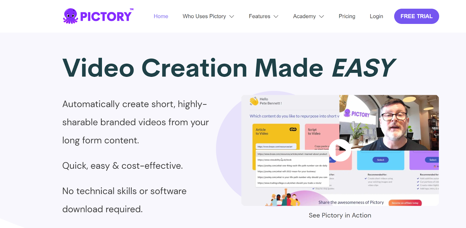 A screenshot featuring Pictory.ai homepage