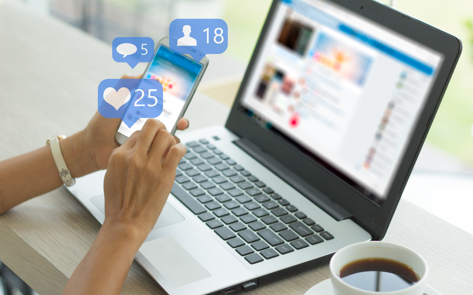 The image displays someone sitting at a laptop and holding a phone with icons figuratively emerging from a smartphone. The icons demonstrate the power of other platform alternatives to Instagram.