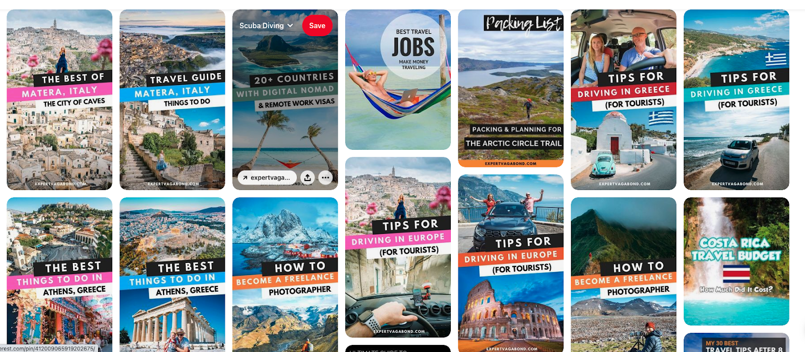 The image displays the content on the Pinterest Board of Expert Vagabond, a prominent travel blogger. The board exemplifies the power of visually appealing pins on an SEO-capable platform.