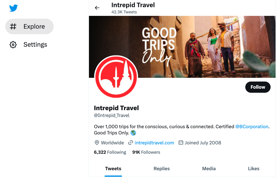 The image displays the home Twitter page for the travel company Intrepid Travel. The company states in its profile, “Over 1,000 trips for the conscious, curious, and connected.”