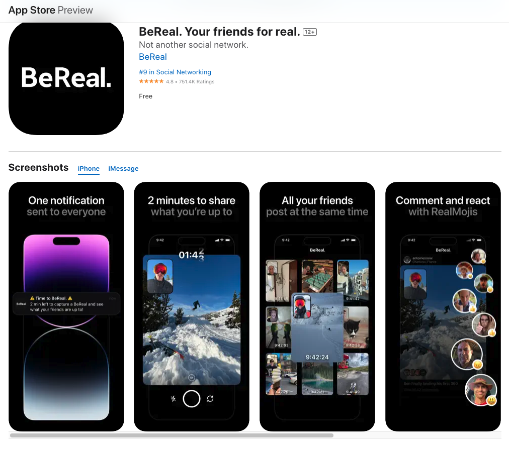 The image displays the App Store’s page for BeReal. The icons show people sharing what they do while traveling, such as snowboarding.