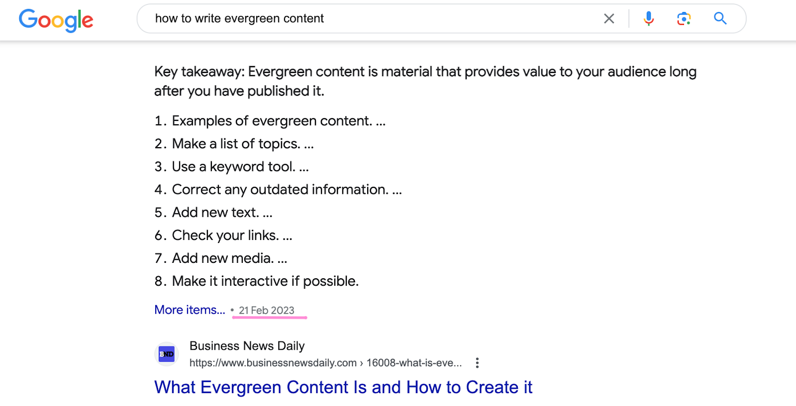 A screenshot featuring the search results for the query “how to write evergreen content” on Google.