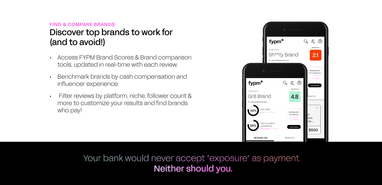 A screenshot of the FYPM website with information about how the company works and a banner that reads, “Your bank would never accept exposure as payment, and neither should you.