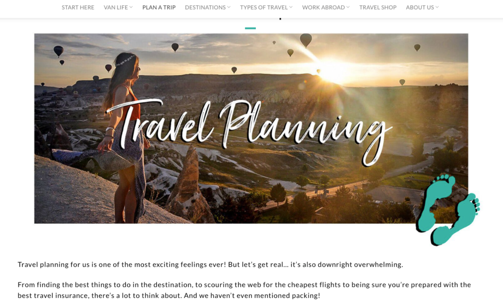 The image displays a webpage from a blog, Two Wandering Soles. The webpage shows a picture of a woman overlooking balloons and a mountain range at sunset. This blog uses expert storytelling in affiliate marketing on travel planning guides.