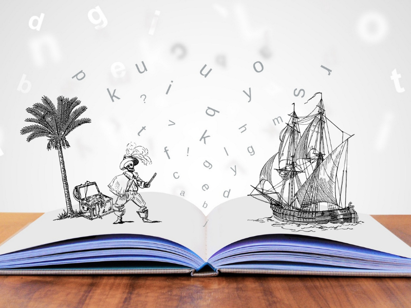 The image displays a graphic of a book with a pirate and pirate ship emerging from the pages. The image conveys how vivid storytelling can be for travel affiliate marketers.
