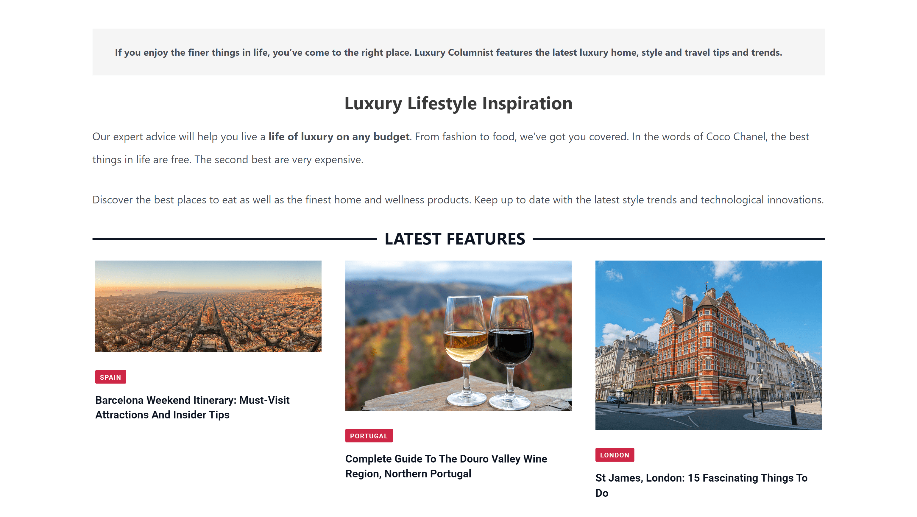 A screenshot featuring an example of a luxury travel blog: Luxury Columnist 