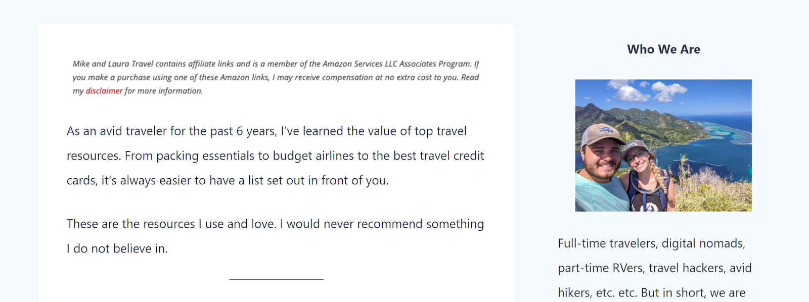 A screenshot featuring an affiliate disclosure on the Mike & Laura Travel website