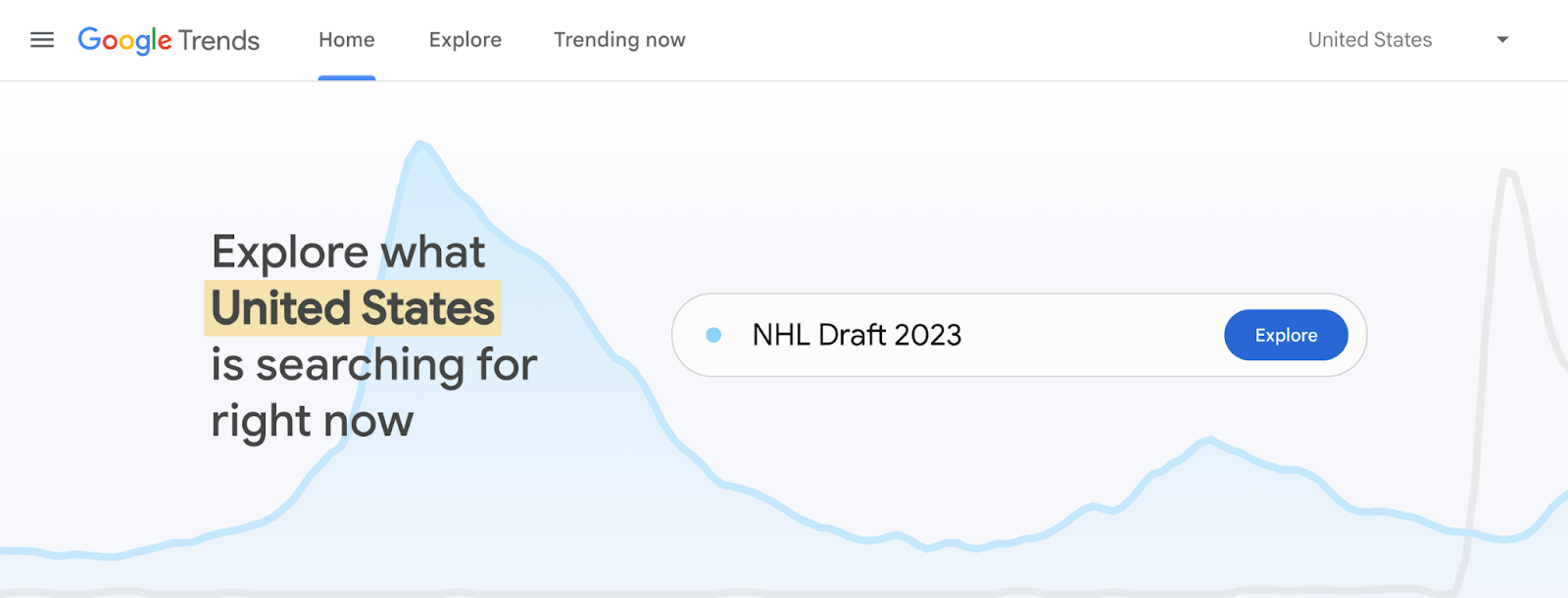 A screenshot of the Google Trends website, with text that reads “Explore what the United States is searching for right now.
