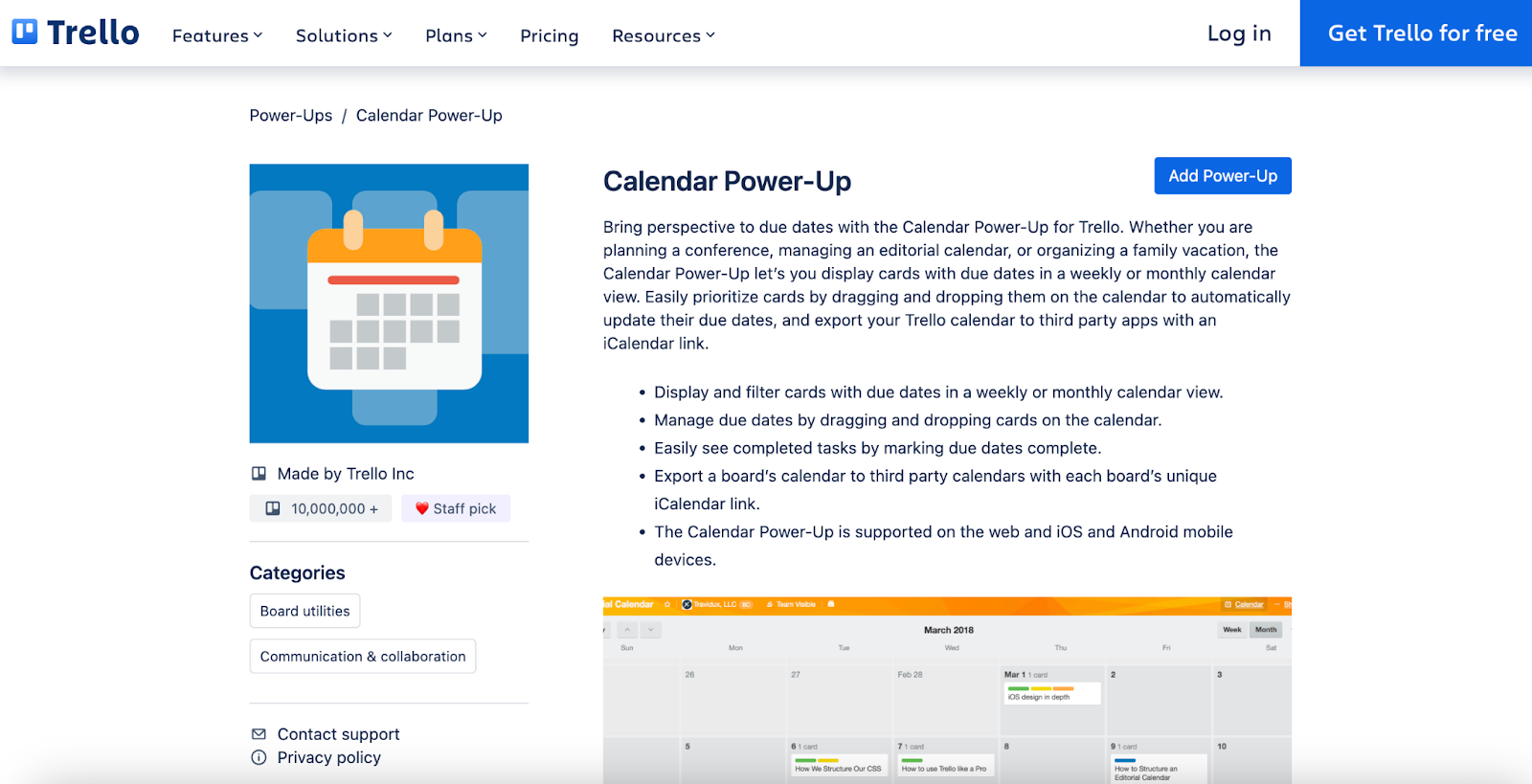 لقطة شاشة لـ Calendar Power-Up على موقع Trello على الويب ، مع ملخص يشرح كيفية عملها وصورة كرتونية لتقويم باللونين الأصفر والأحمر.