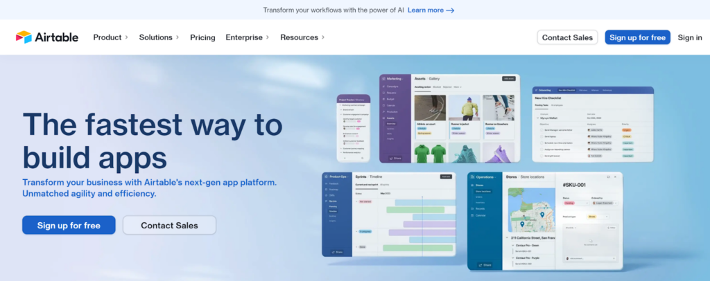 A screenshot featuring the Airtable homepage