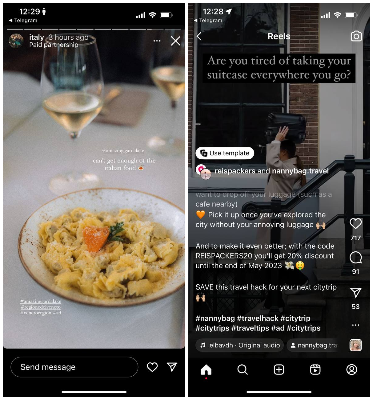 A screenshot featuring examples of disclosure on Reisepackers Instagram account.
