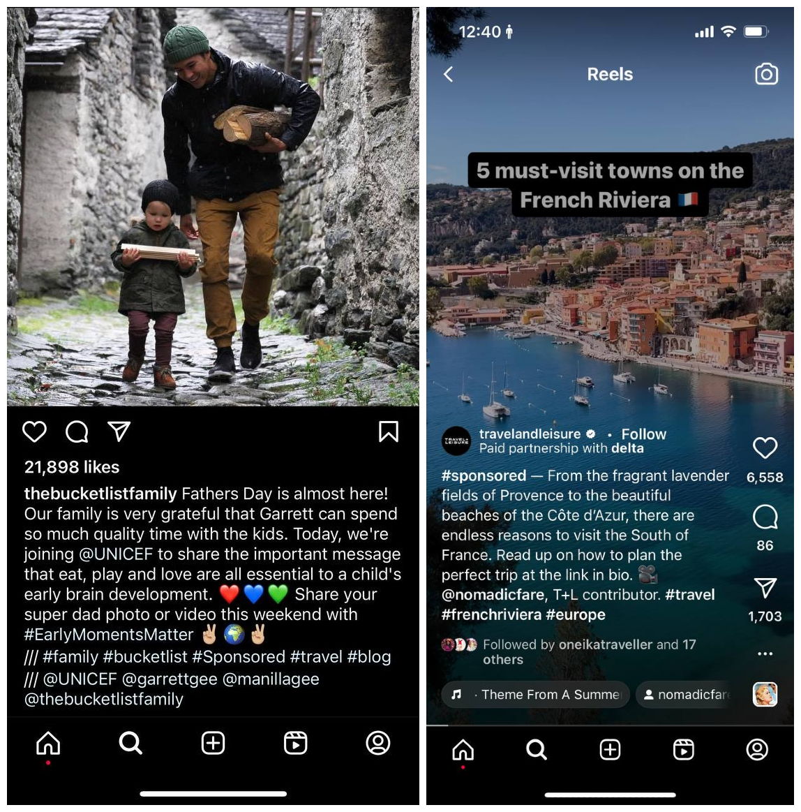 Screenshots featuring examples of Sponsored content from thebucketlistfamily and Travelandleisure 
